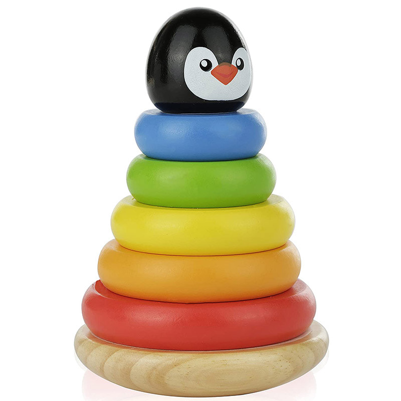 Adorable Penguin Wooden Ring Colorful Rainbow Stacker